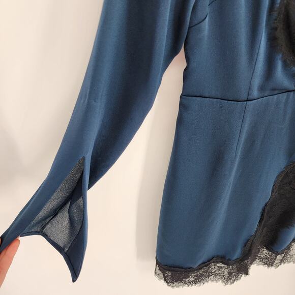Keepsake The Label Mini Dress M Satin Lace Trim Long Flare Sleeve Blue Black - Picture 7 of 15